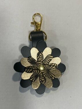 Gold & Black Floral Leather Charm for Purse or Keychain